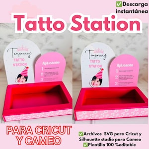 May include: A pink and white temporary tattoo station display box featuring a sign with the text Tatto Station, Temporary, and Aplicación, along with a graphic of a child wearing a party hat and instructions for applying temporary tattoos.