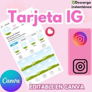 Puede incluir: Gráfico rosa con el texto "Tarjeta IG" y una maqueta de perfil de Instagram. El diseño incluye el logotipo de Canva, iconos de Instagram y las palabras "Descarga instantánea" y "Editable en Canva."