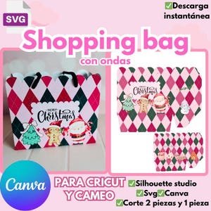 Shopping bag con Ondas, editable para programa de Canva, Cricut y Cameo, personalizable para eventos y cumpleaños, corte en 1 y 2 piezas