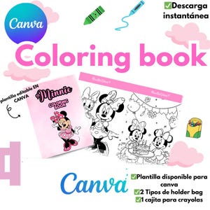 Puede incluir: Un libro para colorear imprimible con Minnie Mouse y sus amigas. El libro está disponible para descargar digitalmente e incluye una bolsa de transporte y una caja de lápices de colores. El texto de la portada dice "Minnie Coloring Book".