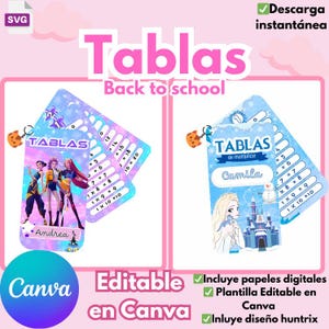 Könnte beinhalten: Zwei Multiplikationskarten mit dem Wort "Tablas" in Pink. Eine Karte zeigt eine Gruppe von Cartoon-Charakteren, die andere eine Prinzessin und ein Schloss. Die Karten sind mit "Back to school" und "Editable en Canva" beschriftet.