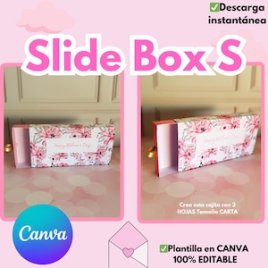 Caja Slide Box, caja y diseño exterior en Canva ambas impresas en tamaño carta, para sobres de dinero, diseño incluido del día de las madres