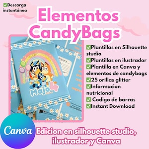 Elementos para Sacolas de Doces, modelo e elementos em PNG, e arquivos editáveis em formato Illustrator, 25 bordas brilhantes em várias cores em PNG