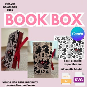 Puede incluir: Una plantilla de caja de libro imprimible con Mickey Mouse. La plantilla está disponible en formatos AI y SVG. La imagen muestra una caja de libro cerrada con una cinta roja y un diseño de Mickey Mouse. El texto "Book plantilla disponible en: Silhouette Studio" también es visible.