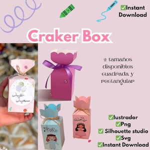 Puede incluir: Tres cajas de galletas rosas, azules y blancas con una parte superior festoneada y un lazo. Las cajas están decoradas con texto árabe e ilustraciones de niños. El texto de la imagen dice "Craker Box", "2 tamaños disponibles Guadrada y rectangular", "lustrador", "Png", "Silhouette studio", "Svg", "Instant Download".