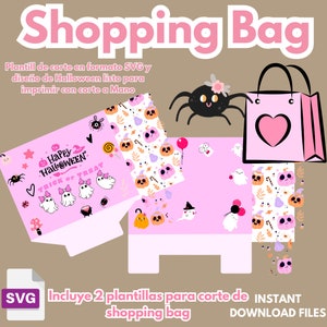 Shopping bag, plantilla de corte para cajita en forma de bolsa, formato svg y diseño para corte a mano listo para imprimir para halloween