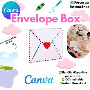 May include: A white envelope box with red and blue stripes and a red heart on the front. The box is a printable template for Canva and is available for instant download. The text "Envelope Box" is written in pink letters on a white background.