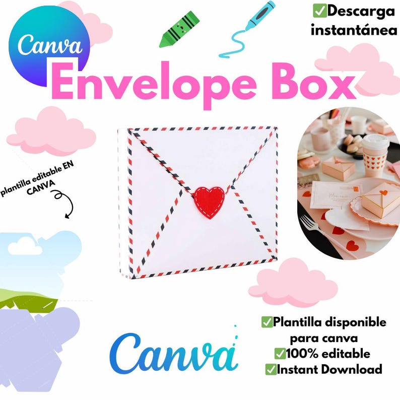 May include: A white envelope box with red and blue stripes and a red heart on the front. The box is a printable template for Canva and is available for instant download. The text "Envelope Box" is written in pink letters on a white background.