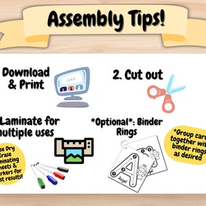May include: Assembly tips for a printable educational activity. The steps include downloading and printing, cutting out, laminating, and using binder rings to group the cards together. The image shows a computer, scissors, a laminator, and a card with the letter A and the word "Angel" on it.