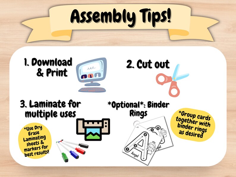 May include: Assembly tips for a printable educational activity. The steps include downloading and printing, cutting out, laminating, and using binder rings to group the cards together. The image shows a computer, scissors, a laminator, and a card with the letter A and the word "Angel" on it.