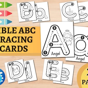 Bible ABC Tracing Cards Alphabet Coloring Pages Preschool Handwriting Activities Christian Homeschool Bible lessons Toddler worksheet