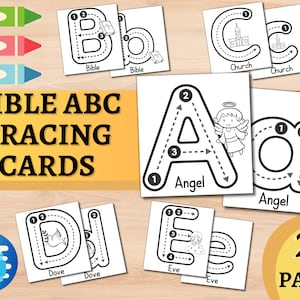 May include: Black and white printable tracing cards for kids featuring the alphabet with Bible-themed words like Angel, Church, Dove, and Eve. The title "Bible ABC Tracing Cards" is at the top of the image. There are 27 pages in total.