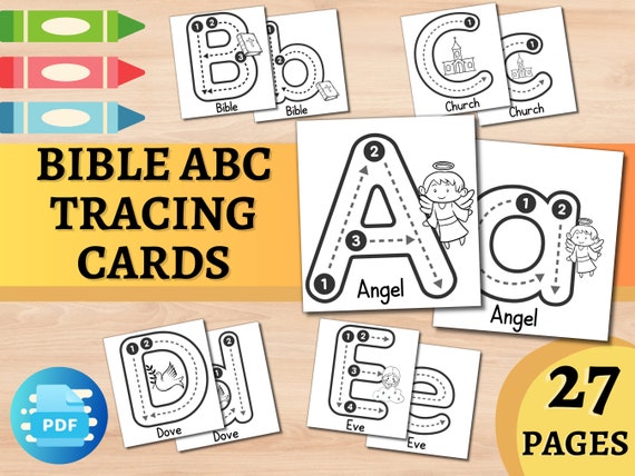 Bible ABC Tracing Cards Alphabet Coloring Pages Preschool Handwriting Activities Christian Homeschool Bible lessons Toddler worksheet plans