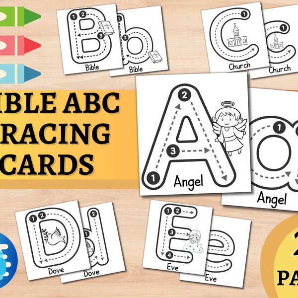 Bible ABC Tracing Cards Alphabet Coloring Pages Preschool Handwriting Activities Christian Homeschool Bible lessons Toddler worksheet