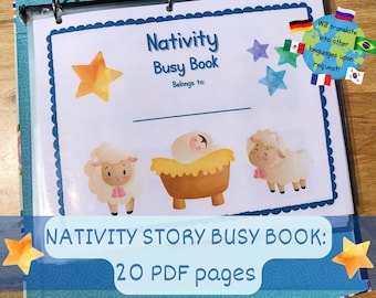 Könnte beinhalten: Ein blaues und weißes Beschäftigungsbuch mit dem Titel "Nativity Busy Book" und einem Bild von Jesuskind in einer Krippe mit zwei Schafen. Das Buch hat 20 Seiten und ist dazu gedacht, Kindern die Weihnachtsgeschichte zu vermitteln.