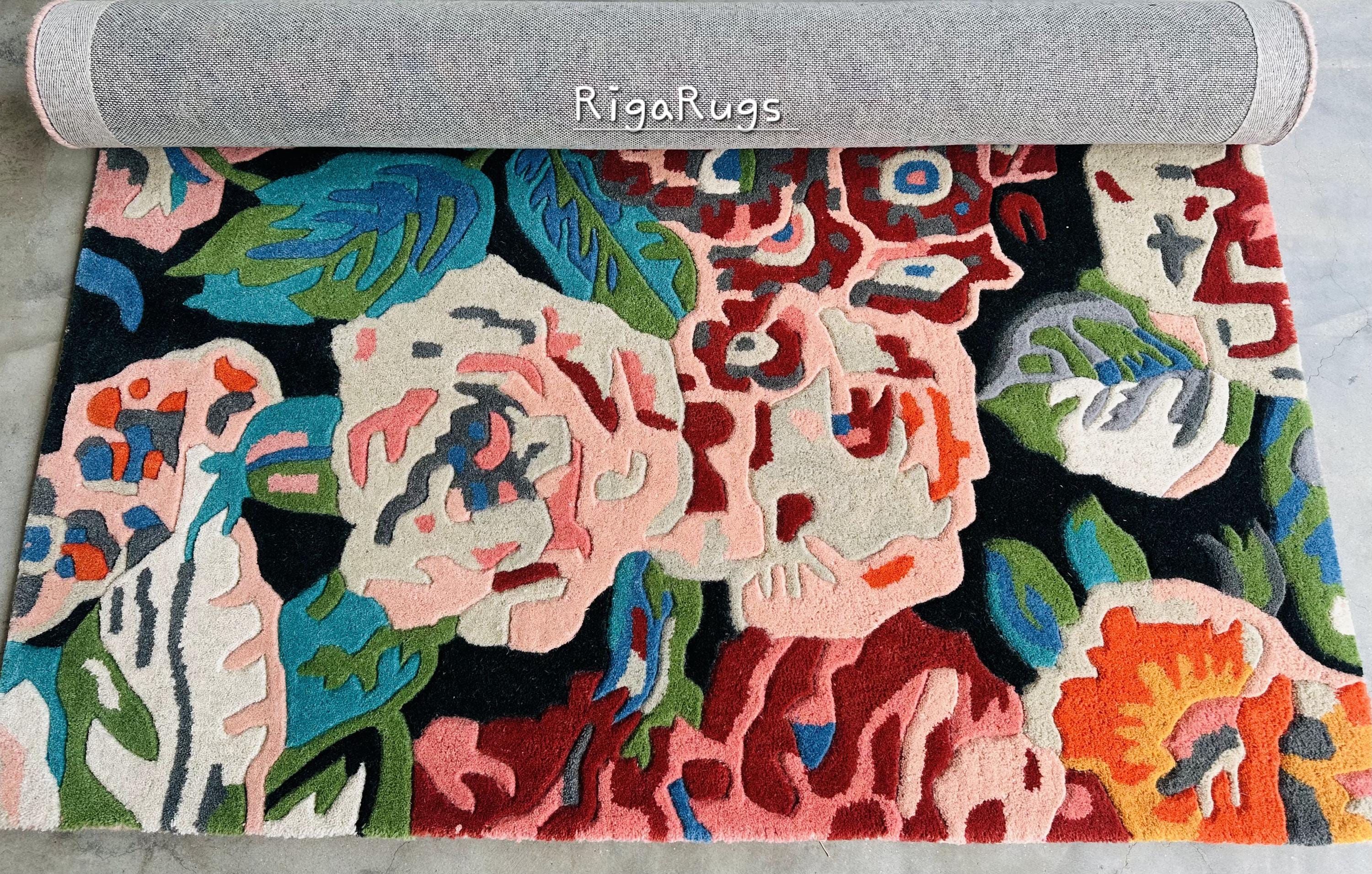Hand Tufted Wool Area Rug: Modern Floral Design, Sage Blue Cream - Etsy