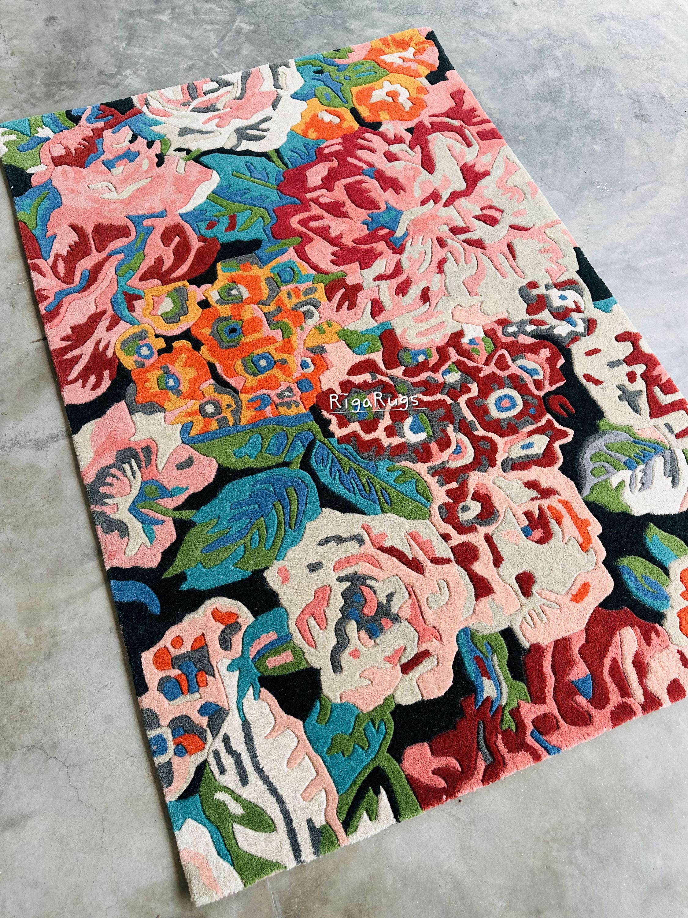Hand Tufted Wool Area Rug: Modern Floral Design, Sage Blue Cream - Etsy