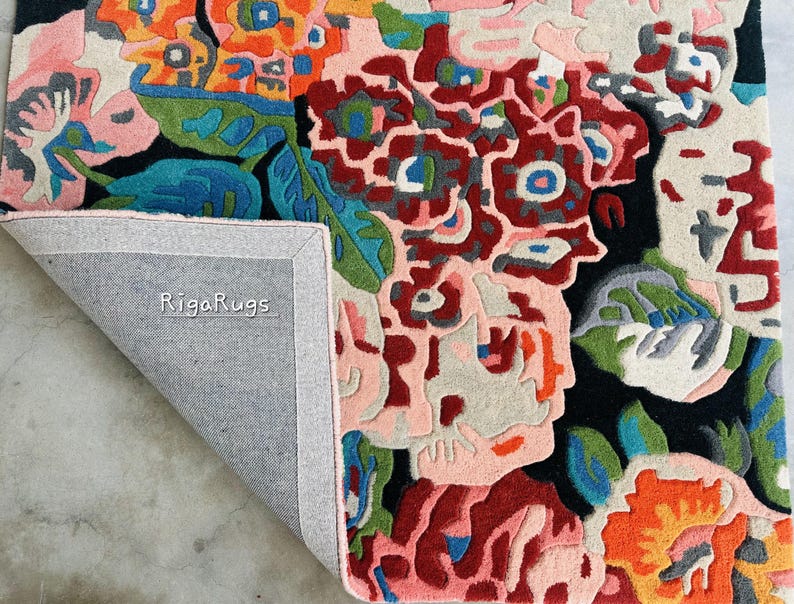 Hand Tufted Wool Area Rug: Modern Floral Design, Sage Blue Cream - Etsy