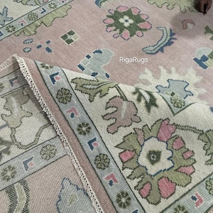 Handknotted Pink Oushak Rug: Turkish Inspired Wool Carpet
