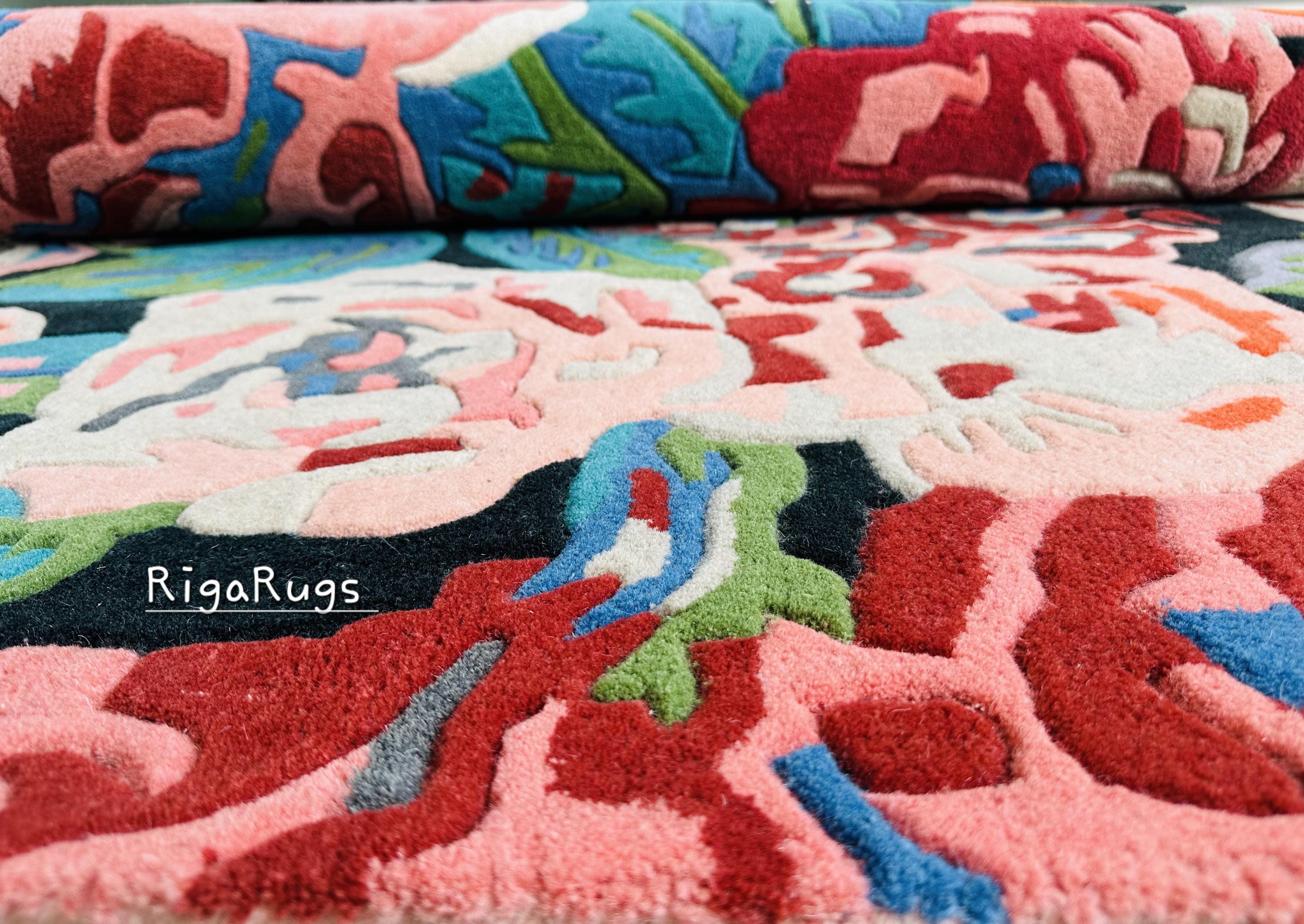 Hand Tufted Wool Area Rug: Modern Floral Design, Sage Blue Cream - Etsy
