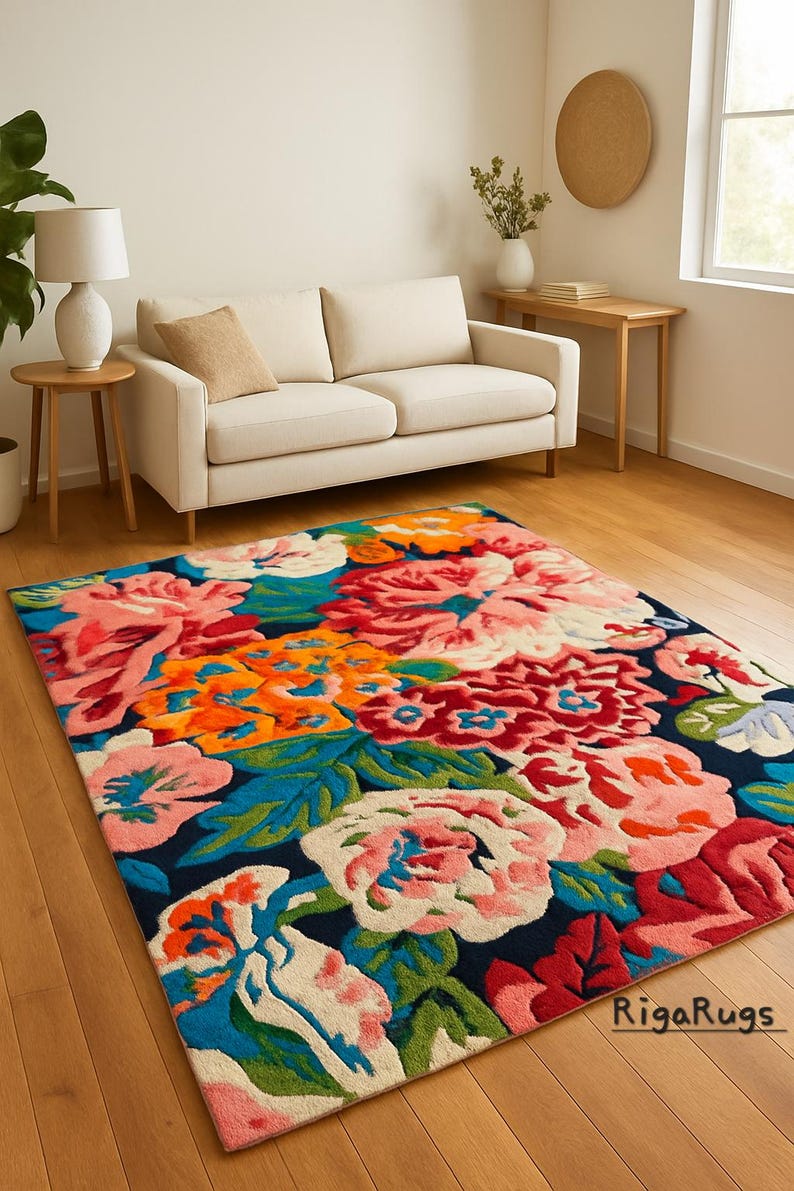 Hand Tufted Wool Area Rug: Modern Floral Design, Sage Blue Cream - Etsy