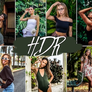 Könnte beinhalten: Eine Collage aus Bildern, die Frauen in verschiedenen Outfits in verschiedenen Umgebungen zeigen. Die Bilder sind alle in einem lebendigen, farbenfrohen Stil gehalten und zeigen eine Vielzahl von Posen und Gesichtsausdrücken. Der Text "HDR" ist in Weiß über die Mitte der Collage geschrieben.