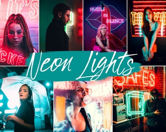 May include: A collage of images featuring neon lights in various colors, including red, pink, blue, and green. The images show people standing in front of the lights, as well as close-ups of the lights themselves. The text "Neon Lights" is written in white on a teal background.