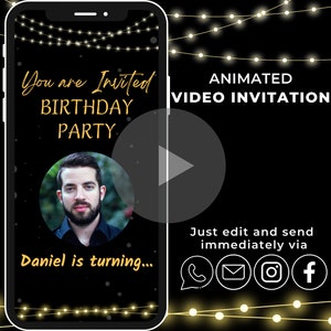 Digital birthday invitation | Animated personalized party eCard | E-Invite for Mobile invitation | Electronic Birthday Invitation Black Gold