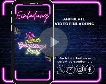 Digitale Einladung Geburtstag | Neon | Animierte personalisierte Party eCard zum versenden | Handyeinladung für WhatsApp mit Foto