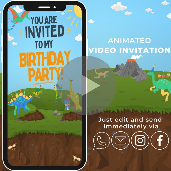 Digital kids birthday invitation | Animated personalized eCard | E-Invite | Electronic Birthday Invitation | Dinosaur Stone Age T-Rex