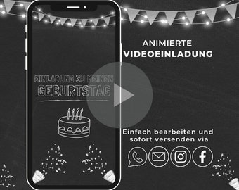 Digitale Einladung Geburtstag | Animierte personalisierte Party eCard zum versenden | Handyeinladung für WhatsApp als Video| Kreide Tafel