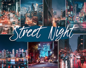 May include: A collage of six images showing different city streets at night. The images feature buildings, streetlights, cars, and reflections in puddles. The text "Street Night" is written in white across the middle of the collage.