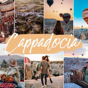 May include: A collage of images showcasing the beauty of Cappadocia, Turkey. The collage features hot air balloons floating over a landscape of rock formations, a woman standing in front of a sunset, and a couple embracing in a scenic location. The text "Cappadocia" is written in a stylized font across the center of the collage.