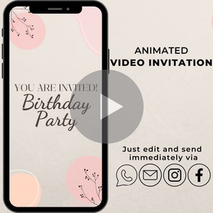 Digital birthday invitation | Animated personalized party eCard | E-Invite for Mobile invitation | Electronic Birthday Invitation Pink Beige