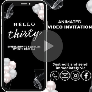 Digital birthday invitation | Black & White Party | Animated personalized party eCard | E-Invite | Electronic Birthday Invitation | 30 Bday