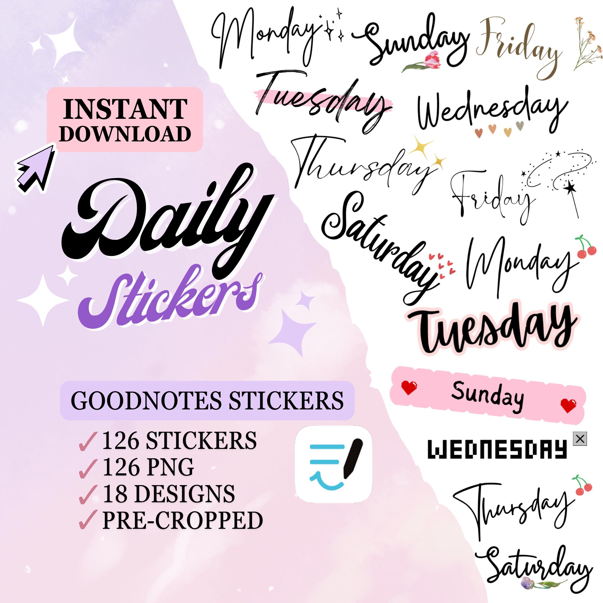 Day of the Week Stickers Digital-digital Planner Stickers-planner Stickers  Days of the Week-digital Stickers-digital Stickers Png-stickers 