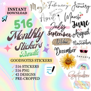 Goodnotes Stickers, Digital Stickers Goodnotes Months, Monthly Digital Stickers Goodnotes, Digital Sticker Month, Pre-cropped Stickers