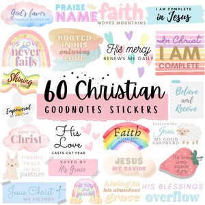 Puede incluir: Una colección de 60 pegatinas cristianas de Goodnotes con varias frases e ilustraciones inspiradoras. Las pegatinas presentan arcoíris, corazones y texto como "Fe", "Su Amor" y "Jesús". Los colores incluyen pasteles y tonos brillantes.