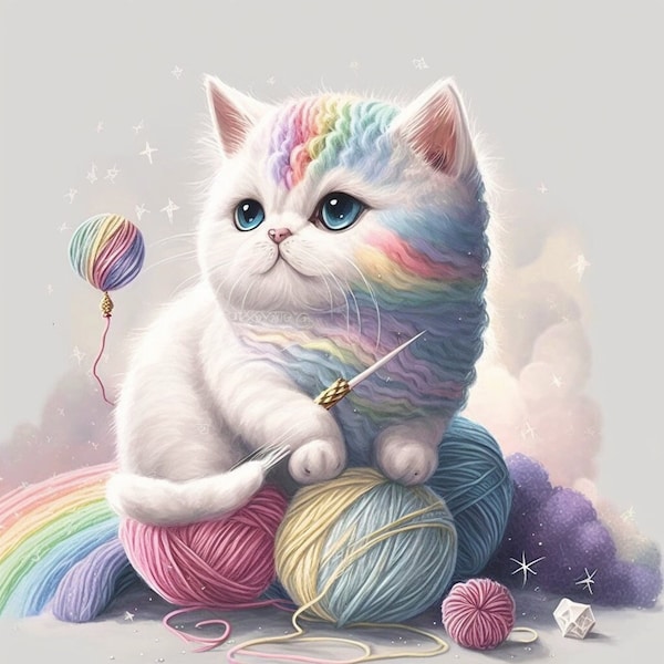 Cat Fantasy Watercolor Clipart Nursery Decor White Baby Cat Watercolor Cute Baby Kitten with Rainbow Yarn Ball -DIGITAL DOWNLOAD