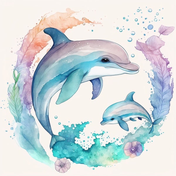 Delfin Aquarell Clipart Unterwasserwelt Aquarell Kunst Baby Delfin Aquarell Süßes Baby Tier Delfin Aquarelle Clipart - TÉLÉCHARGEMENT NUMÉRIQUE