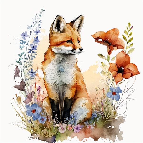 Fox Watercolor Clipart Nursery Decor Baby Fox Watercolor Cute Baby Animal Watercolor Clipart Wall Decor Woodland Animal -DIGITAL DOWNLOAD