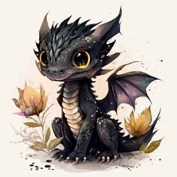 Dragon Watercolor Clipart Nursery Decor Black Baby Dragon Watercolor Cute Animal Flowers Watercolor Clipart -DIGITAL DOWNLOAD