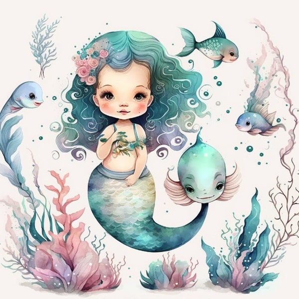 Mermaid Watercolor Clipart Nursery Decor Cute Mermaid Watercolor Clipart Underwater World Wall Decor Image -DIGITAL DOWNLOAD