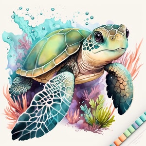 Beautiful Watercolor Turtle Clipart Digital download file for wall decor, marine life, sea creatures, turtle fans DIGITAL DOWNLOADS image 1