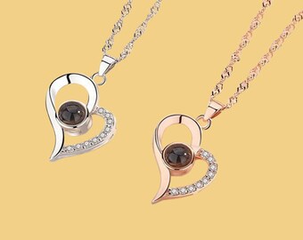 Liefde hart projectie ketting, 100 talen ketting, ik hou van je hanger, huwelijksverjaardag cadeau, Rose ketting, mode luxe sieraden