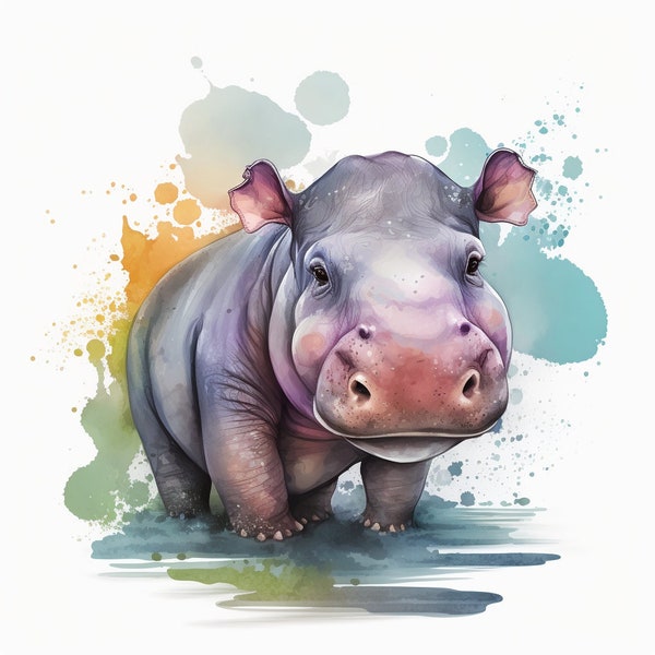 Hippo Watercolor Clipart Nursery Decor Baby Hippo Watercolor Cute Baby Animal Watercolor Clipart Hippo Clipart -DIGITAL DOWNLOAD