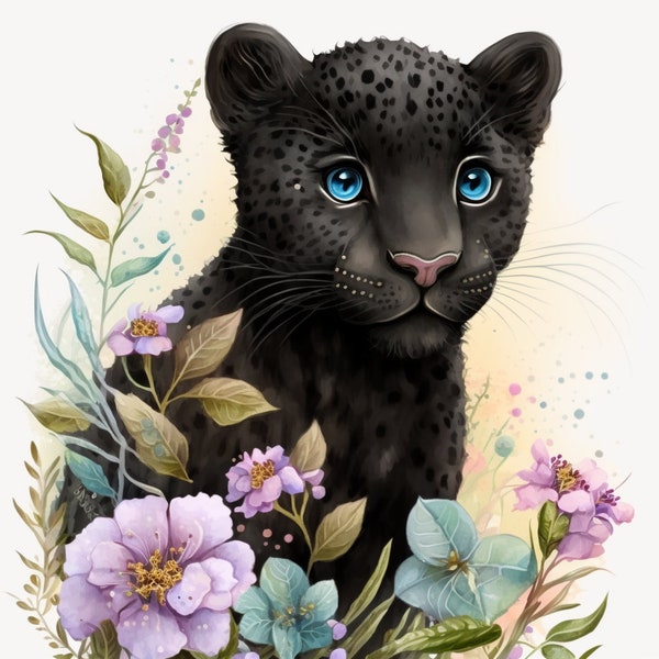 Wild Black Panther in Watercolor Flowers Clipart - Digital Download File for Wall Decor, Animal Lovers, Wildlife Baby Panther