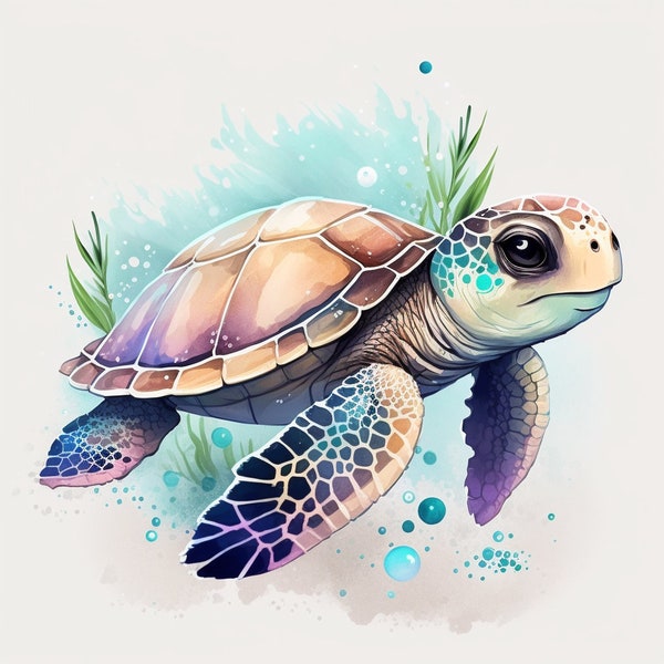 Beautiful Watercolor Turtle Clipart - Digital download file for wall decor, marine life, sea creatures, turtle fans