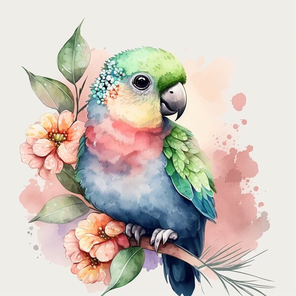 Perroquet aquarelle Clipart, pépinière décor bébé perroquet aquarelle, mignon bébé oiseau fleurs aquarelle Clipart, décoration murale