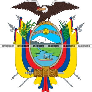 May include: The coat of arms of Ecuador, featuring a condor atop a shield with a landscape scene. The shield is flanked by flags and weapons, with the colors red, yellow, and blue prominent. The text "DesignAlan" is visible.
